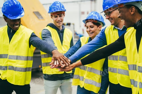 Preview: Multiracial Engineers Stacking Hands Inside Robotic Factory - Focus On Hands