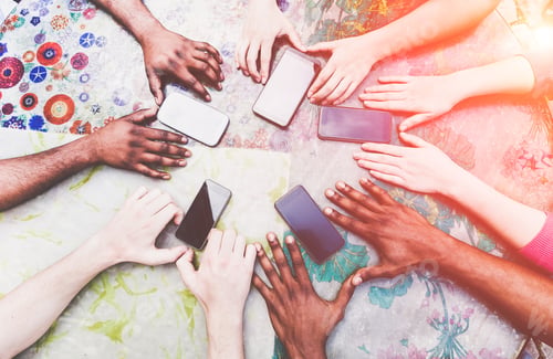 Preview: Group Of Friends Having Fun With Smartphones - Closeup Of Multiracial Hands Social Networking With