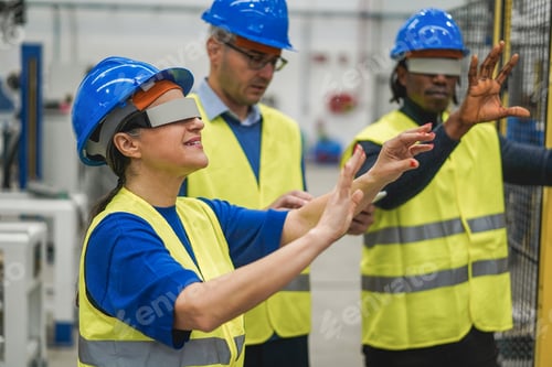 Preview: Multiethnic Engineers Using Futuristic Augmented Reality Glasses Inside Robotic Factory - Focus On