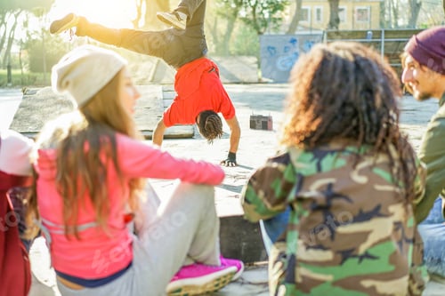 Preview: Happy Friends Listening Music In Skateboard City Park With Man Breakdancing - Young Hip Hop Style