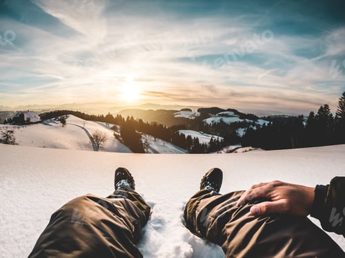 Preview: Pov View Of Young Man Looking The Sunset On Snow High Mountains - Legs View Of Travel Influencer