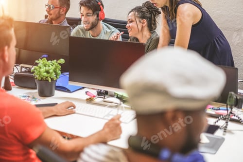 Preview: Young People Working On New Social Media Startup - Millennial Guys Creating Digital Contents Inside