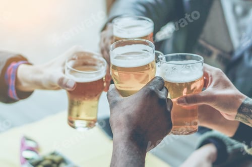 Preview: Multiracial Group Of Friends Enjoying A Beer - Young People Hands Toasting And Cheering Aperitif