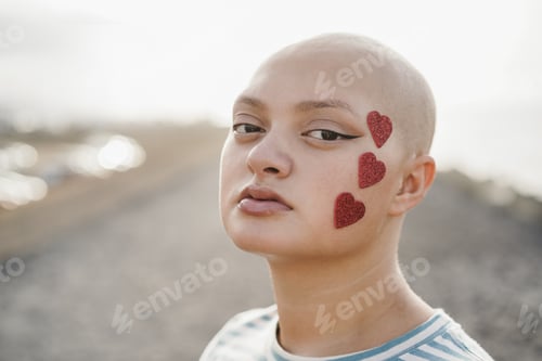 Preview: Bald Girl Wearing Heart Stickers With City On Background - Main Focus On Right Eye