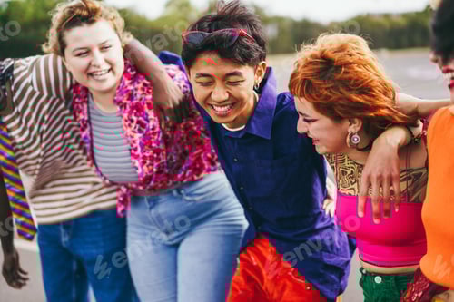 Preview: Young Diverse Friends Having Fun Outdoor Laughing Together - Main Focus On Gay Asian Guy Head