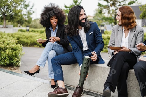 Preview: Diverse Business People Doing Lunch Break Outdoor From Office Building - Focus On Man Face