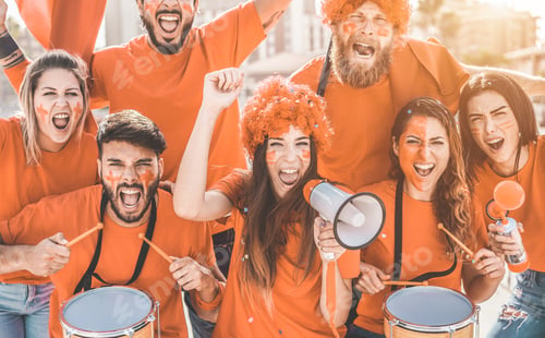Preview: Orange Sport Fans Screaming While Supporting Their Team Out Of The Stadium - Football Supporters