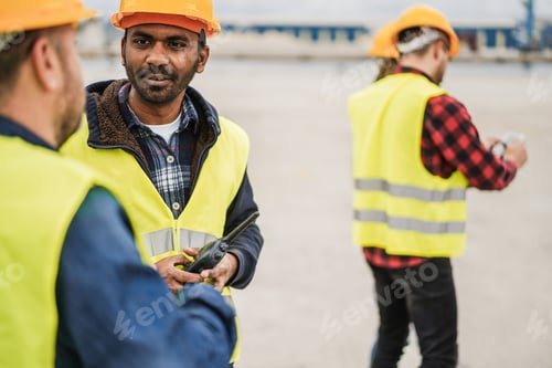 Preview: Men Working At Industrial Port Outdoor - Focus On Indian Man Face