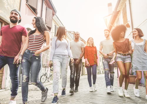 Preview: Young Millennials Friends Walking In City Old Town Center - Happy People Having Fun Together