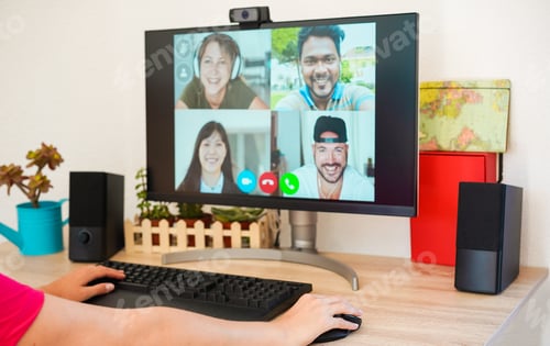 Preview: Young Woman Making A Video Call With Her Friends Using Computer Web Platform Online - Group Of