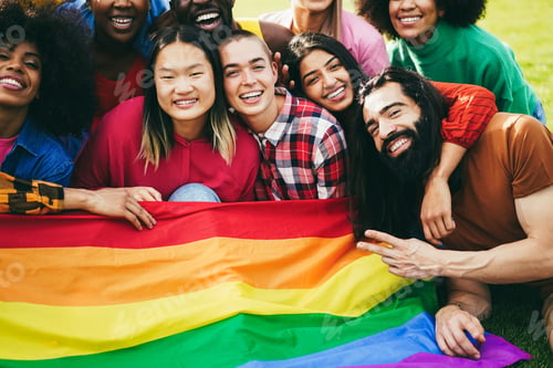 Preview: Diverse People Having Fun Holding Lgbt Rainbow Flag Outdoor