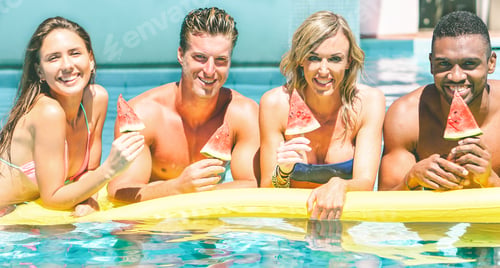Preview: Happy Friends Eating Watermelon In Swimming Pool Villa Resort - Cheerful People Having Fun In