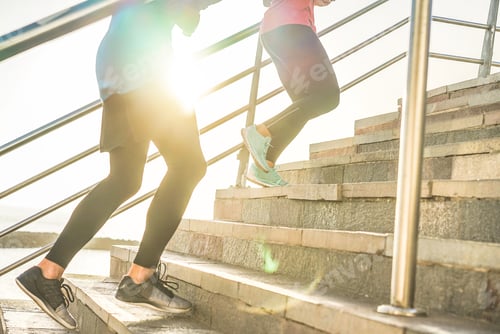 Preview: Runners Friends Training Outdoor - Sporty People Running At Sunset Climbing City Stairs - Focus On