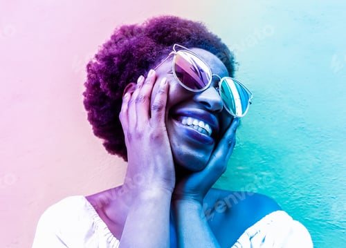 Preview: Smiling Woman Posing with Funky Colorful Sunglasses