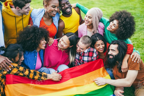 Preview: Diverse People Having Fun Holding Lgbt Rainbow Flag Outdoor - Focus On Bald Girl Face