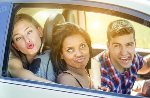 Preview: Happy Students Friends Making Funny Faces In Camera Inside Car - Young People Having Fun Traveling