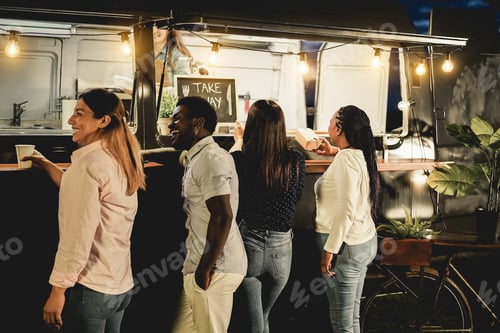Preview: Multiracial People Ordering Food At Counter In Take Away Food Truck Outdoor - Focus On Right