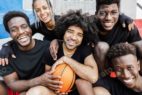 Preview: African Friends Playing Basketball Outdoor - Focus On Center Guy Face