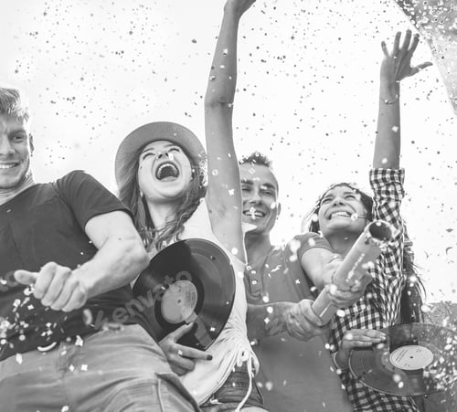 Preview: Happy Friends Throwing Confetti At Party Concert Festival - Young People Having Fun Dancing Outdoor