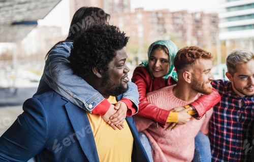 Preview: Young Diverse People Having Fun Outdoor Laughing Together - Diversity Concept - Focus On African
