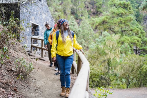 Preview: Multiracial Women Having Fun Exploring Nature On Trekking Day In Mountain Forest - Focus On Senior
