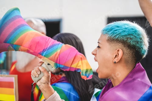 Preview: Lesbian Demonstrator Screaming At Lgbt Pride Protest For Equality Rights - Main Focus On Megaphone