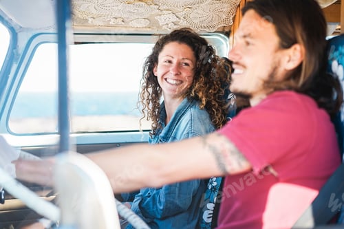 Preview: Happy Couple Inside Minivan Doing A Road Trip - Woman With Freckles Having Fun On Summer Vacation