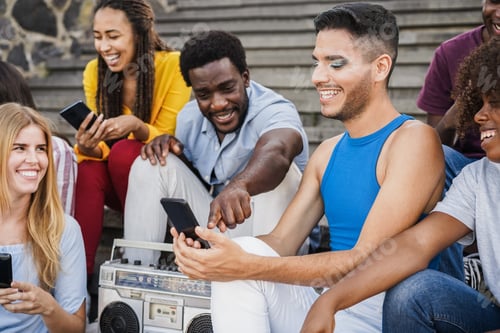 Preview: Young Diverse People Having Fun Using Mobile Phones Outdoor - Focus On Gay Man Wearing Makeup