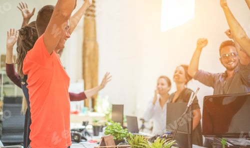 Preview: Teamwork In Creative Office With Arms Up For Successful Startup - Co-Working, Human Resources And