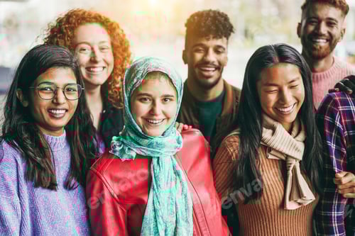 Preview: Young Diverse People Having Fun Outdoor Laughing Together - Focus On Arabian Girl Face