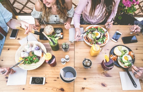 Preview: Young People Eating Brunch And Drinking Smoothie Bowl At Vintage Bar - Happy People Having A