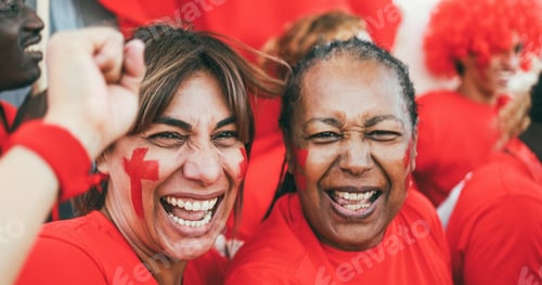 Preview: Latin Red Sport Fans Screaming While Supporting Their Team - Football Supporters Having Fun At