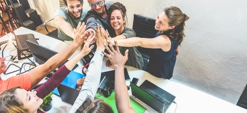 Preview: Young Team Putting Hands Up For New Startup In Creative Office - Cheerful People Giving Strength