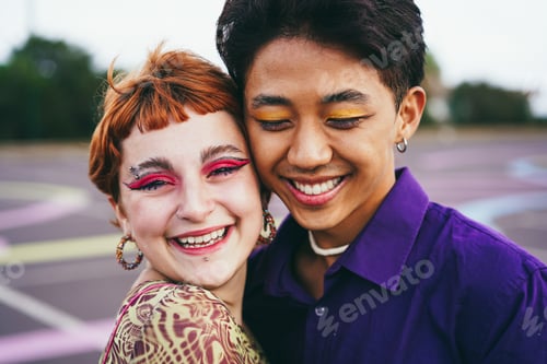 Preview: Young Diverse Friends Having Fun Outdoor - Focus On Gay Asian Guy Wearing Make-Up