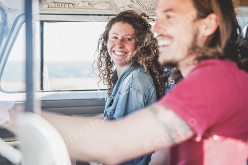 Preview: Happy Couple Inside Minivan Doing A Adventure Road Trip - Woman With Freckles Having Fun On Summer