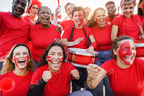 Preview: Multiracial Red Sport Fans Screaming While Supporting Their Team - Football Supporters Having Fun