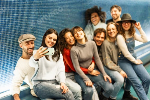Preview: Group Of Young Friends Taking Selfie Inside Metropolitan City Subway While Waiting For Train