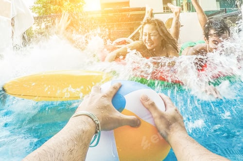 Preview: Group Of Friends Jumping Inside Swimming Pool In Summer Tropical Vacation - Young People Having Fun