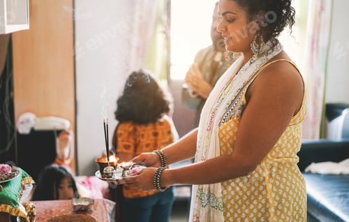 Preview: Indian Family Celebrating Religion Hindu Event At Home - Southern Asian Cultures And Lifestyle