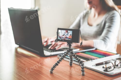 Preview: Woman Fashion Influencer Using Laptop Computer While Making Video Feed Vlog - New Job Trends