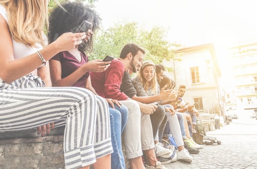 Preview: Diverse Culture Friends Using Smartphones Outdoor - Group Of Happy People Having Fun With
