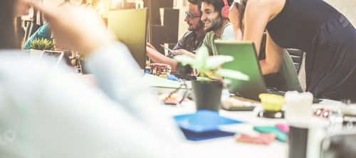 Preview: Young Teamwork Talking During Startup - Happy People Planning A New Project In Creative Co-Working