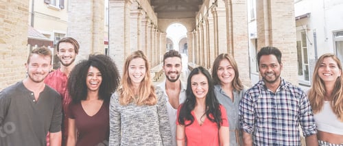 Preview: Happy Diverse Culture Friends Having Fun Together - Young Multiracial Students In Old Town Street