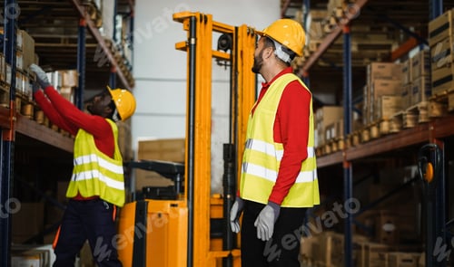 Preview: Industrial Workers Loading Delivery Box Inside Warehouse Store - Focus On Right Man Hardhat.