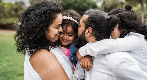 Visualização: Família indiana feliz se divertindo ao ar livre no parque da cidade - Soft Focus On Father Head