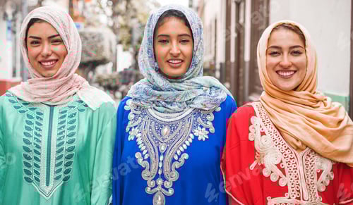 Preview: Portrait Of Arabian Girls Outdoor In City Street - Young Islamic Women Smiling On Camera - Youth