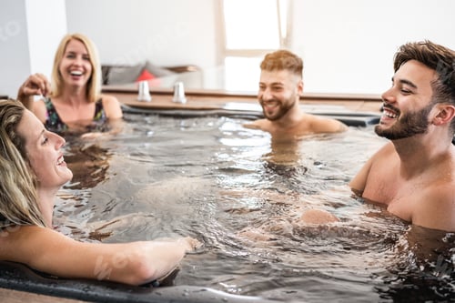 Preview: Gruop Of Friends Having Fun And Relaxing In Hot Tub Indoors At Private Village Party - Main Focus