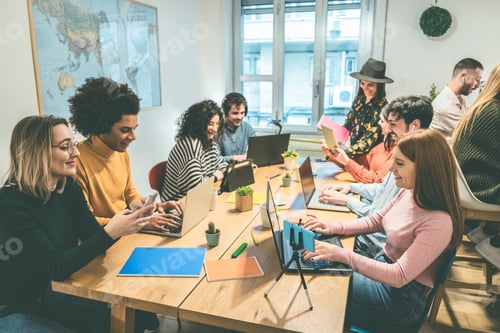 Preview: Young Business People Working Inside Modern Coworking Office - Soft Focus On Right Woman Face
