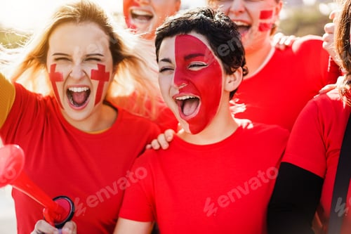 Preview: Red Sport Fans Screaming While Supporting Their Team - Football Supporters Having Fun At