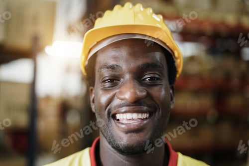 Preview: Portrait Of Happy African Worker Man Looking At Camera Inside Warehouse Store - Focus On Face